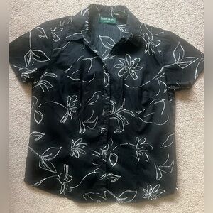Lemon Grass Black Floral Cotton Button Up Blouse Size M